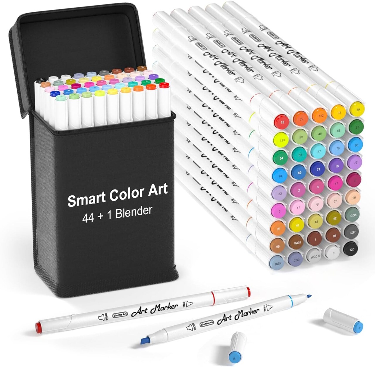 Smart Color 45-Color Dual-Tip Alcohol Marker Set – Includes Blender & Case for Sketching & Coloring